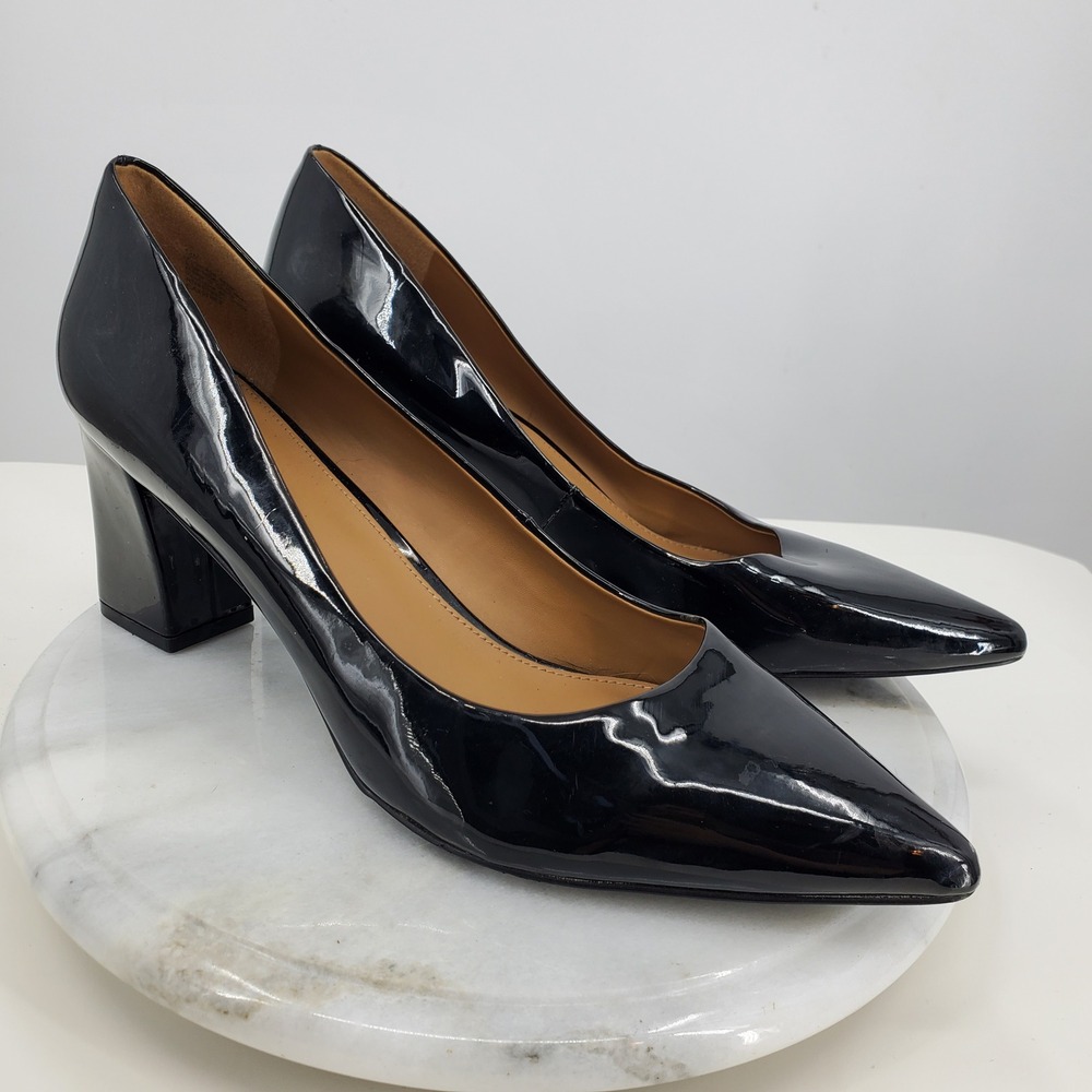 14th & Union Womens Black Patent Pointed Toe Block Heel Pumps Size 12M Office